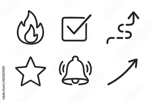 Minimalist icon set: fire, checkmark, arrow, star, bell, path