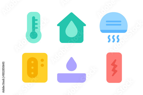 Colorful home appliance icons with thermometer, humidity, temperature, and energy symbols