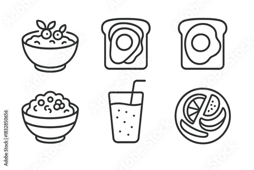 Breakfast icons set featuring oatmeal, toast, juice, and citrus bowl on dark background