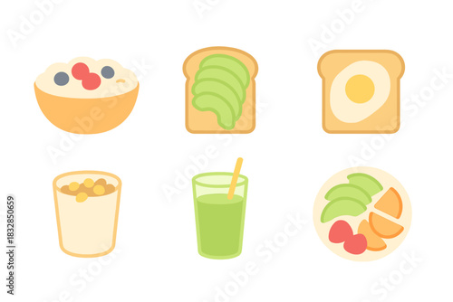 Set of breakfast foods including avocado toast and smoothie