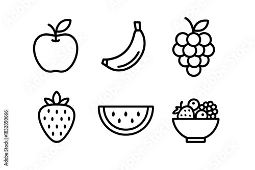 Minimalist black fruit icons: apple, banana, grapes, strawberry, watermelon, fruit bowl