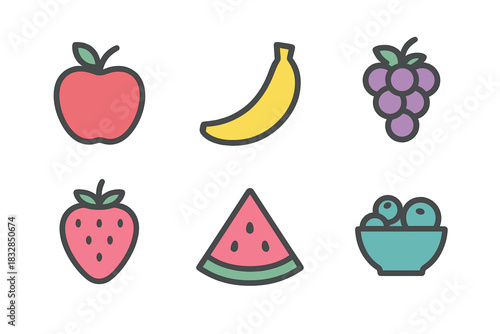 Colorful fruit icons featuring apple, banana, grapes, strawberry, watermelon, and bowl