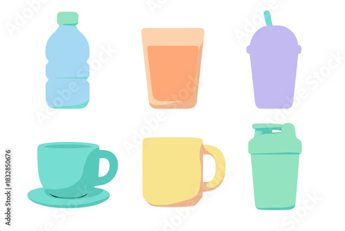 Colorful glowing beverages: bottles, cups, and glasses in neon pastel tones