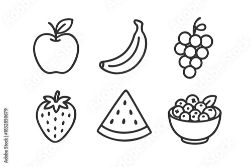Outline icons of apple banana grapes strawberry watermelon and blueberry bowl