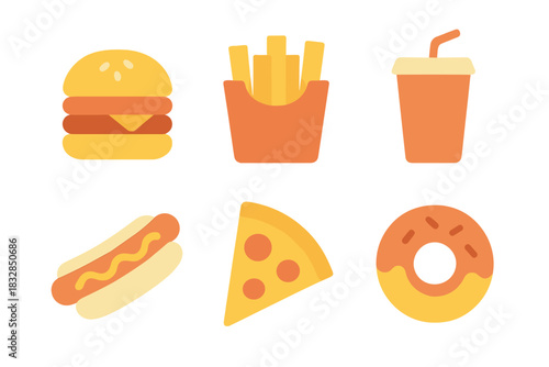 Neon fast food icons on blurred background: burger, fries, soda, hot dog, pizza, donut