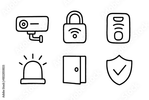Security systems icons featuring camera, lock, alarm, door, shield
