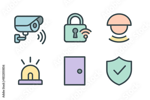 Home security icons with camera, lock, helmet, alarm, door, shield
