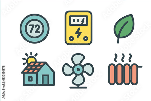 Efficient home energy system icons with renewable elements and temperature control