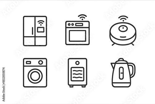 Smart home appliances icons set: fridge, oven, robot vacuum, washer, heater, kettle