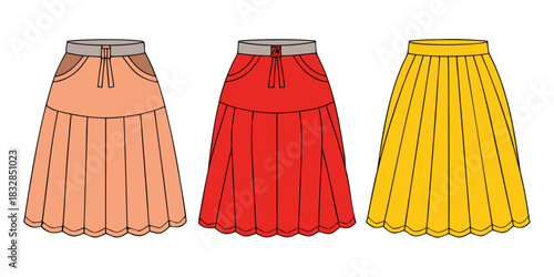 Three colorful pleated skirts in peach, red, and yellow, isolated on a white background view
