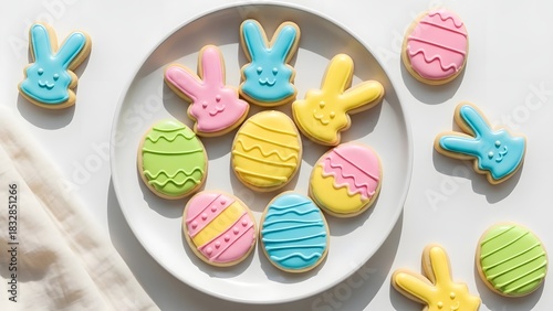 Festive Easter sugar cookies decorated with colorful icing in bunny and egg shapes