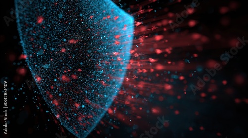 Digital Shield: A visual representation of digital protection and security, showcasing a shield composed of countless particles against a backdrop of data streams.