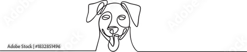 Continuous single line drawing of a dog’s face with floppy ears and a happy expression, minimalist pet portrait illustrated in a clean modern outline vector style