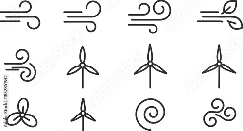 Wind energy and home power icons set. Turbines, batteries, solar panel outline illustrations
