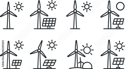 Wind energy and home power icons set. Turbines, batteries, solar panel outline illustrations