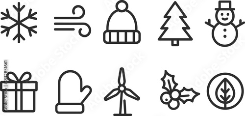 Wind energy and home power icons set. Turbines, batteries, solar panel outline illustrations