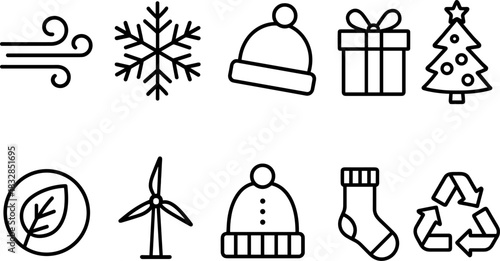 Wind energy and home power icons set. Turbines, batteries, solar panel outline illustrations