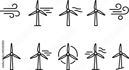 Wind energy and home power icons set. Turbines, batteries, solar panel outline illustrations