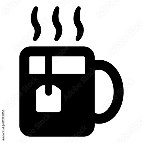 Hot Tea Mug Icon – A clean, bold illustration of a steaming mug with a visible tea bag tag, perfect for representing tea, hot beverages, cafés, relaxation, or warm drink concepts.
