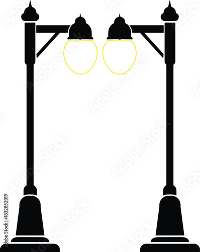 Black silhouette of two vintage street lamps white