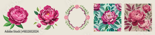 Magenta Peony Vector Set. Luxury Deep Pink Floral Illustration Bundle. Elegant Oval Frame and Seamless Pattern Background for Wedding Invitation, Fabric Design and Premium Branding.