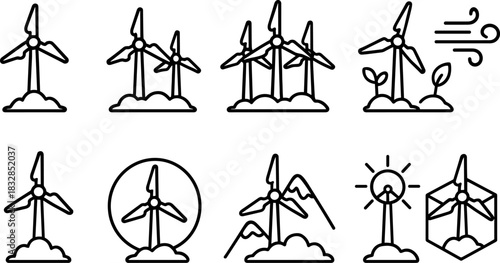 Wind energy and home power icons set. Turbines, batteries, solar panel outline illustrations