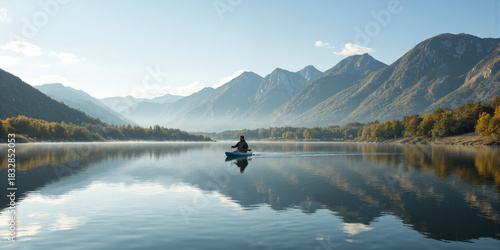 Person Kayaking Calm Lake Mountain Reflection A lone kayaker paddles across a perfectly still, mirror-like lake, reflecting the surrounding majestic