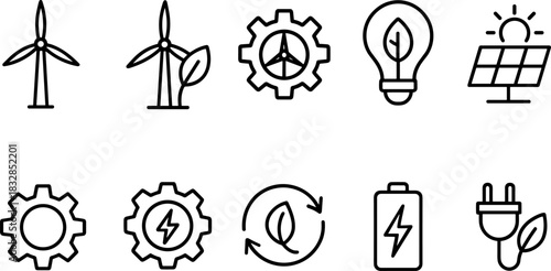 Wind energy and home power icons set. Turbines, batteries, solar panel outline illustrations