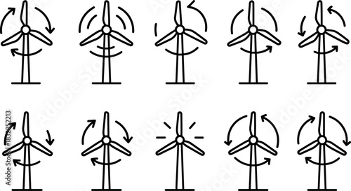 Wind energy and home power icons set. Turbines, batteries, solar panel outline illustrations
