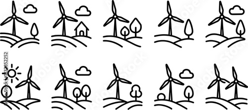 Wind energy and home power icons set. Turbines, batteries, solar panel outline illustrations