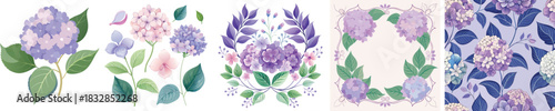 Lavender Hydrangea Flower Vector Set. Blue Purple Hortensia Illustration Bundle. Elegant Floral Wreath, Frame & Seamless Pattern Background for Wedding Card & Spring Design.