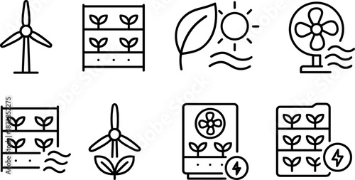 Wind energy and home power icons set. Turbines, batteries, solar panel outline illustrations