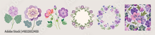 Purple Geranium Flower Vector Set. Wildflower Pelargonium Illustration Bundle. Floral Wreath, Frame & Seamless Pattern Background for Wedding Invitation & Spring Design.