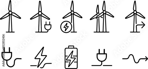 Wind energy and home power icons set. Turbines, batteries, solar panel outline illustrations