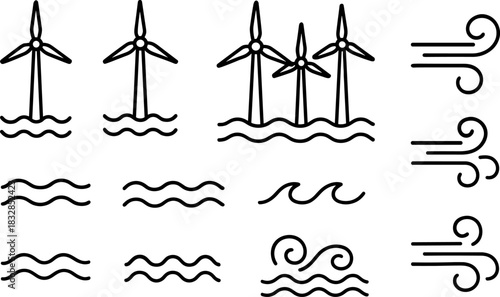 Wind energy and home power icons set. Turbines, batteries, solar panel outline illustrations