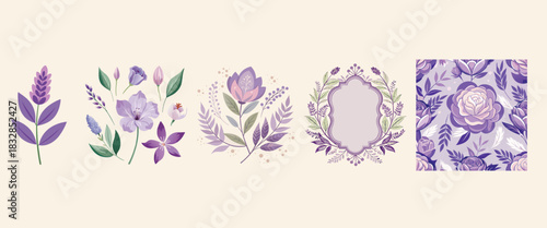 Lavender Flower and Purple Floral Vector Collection: Botanical Floral Element Graphics with Wreath, Frame, Petals, and Seamless Pattern for Wedding, Valentine's Day, and Design
