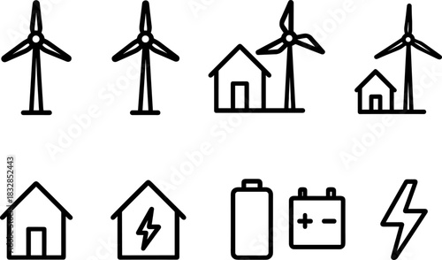 Wind energy and home power icons set. Turbines, batteries, solar panel outline illustrations