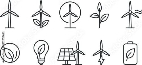 Wind energy and home power icons set. Turbines, batteries, solar panel outline illustrations