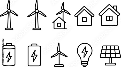 Wind energy and home power icons set. Turbines, batteries, solar panel outline illustrations