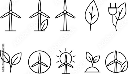 Wind energy and home power icons set. Turbines, batteries, solar panel outline illustrations