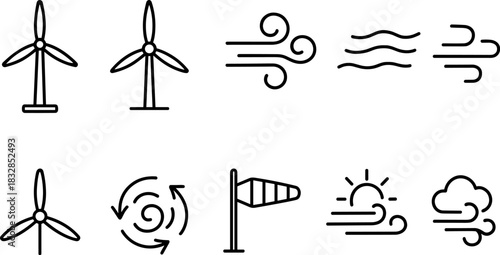 Wind energy and home power icons set. Turbines, batteries, solar panel outline illustrations