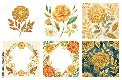Golden Marigold Vector Set: Rich Yellow-Orange Flowers, Floral Wreath, Round Frame, and Intricate Seamless Patterns for Autumn, Diwali, Wedding Invitations, and Fabric Design