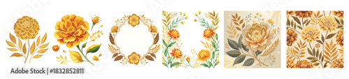 Gold Marigold Vector Set Collection: Botanical Floral Element Graphics with Wreath, Frame, Petals, and Seamless Pattern for Wedding, Valentine's Day, and Design