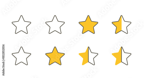 Set of eight star rating icons showing different levels of fullness