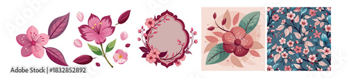 Dark Pink Cherry Blossom Vector Set: Sakura Floral Graphics with Magenta Flowers, Leaves, Ornate Frame, and Seamless Pattern for Spring Wedding and Design