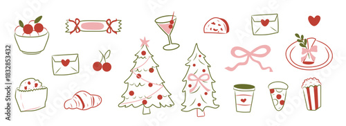 Whimsical Christmas doodle line art festive and holiday icon. Green, pink, red elements illustrations for sale, promotion, branding, labels, posters, cards, invitation, greeting card, social media.