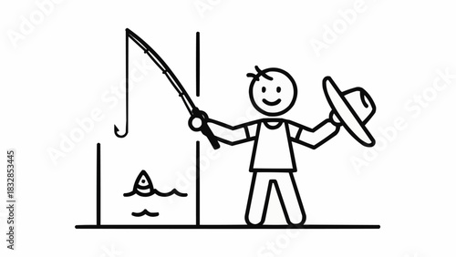 Stick figure fisherman holding hat and fishing rod with a fish on the line.