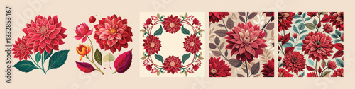 Luxurious Crimson Red Dahlia Flower Vector Set. Detailed Autumn Botanical Collection with Rich Burgundy Seamless Pattern, Elegant Floral Wreath Frame, and Isolated Elements for Print, Packaging design