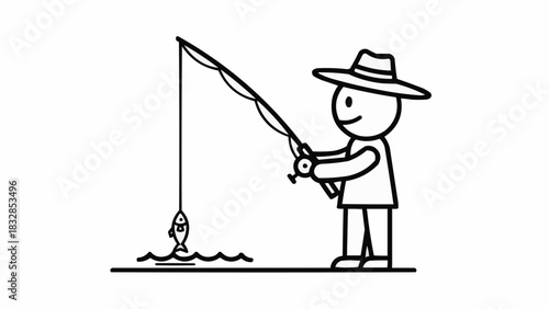 Fisherman enjoys fishing with rod and reel catching a fish in the water.