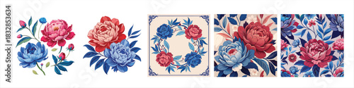 Crimson Blue Peony Floral Vector Illustration Bundle with Solid Icon, Seamless Pattern, Square Decorative Frame, Modern Botanical Background, Bold Graphic Flowers for Fashion Branding, Packaging desig